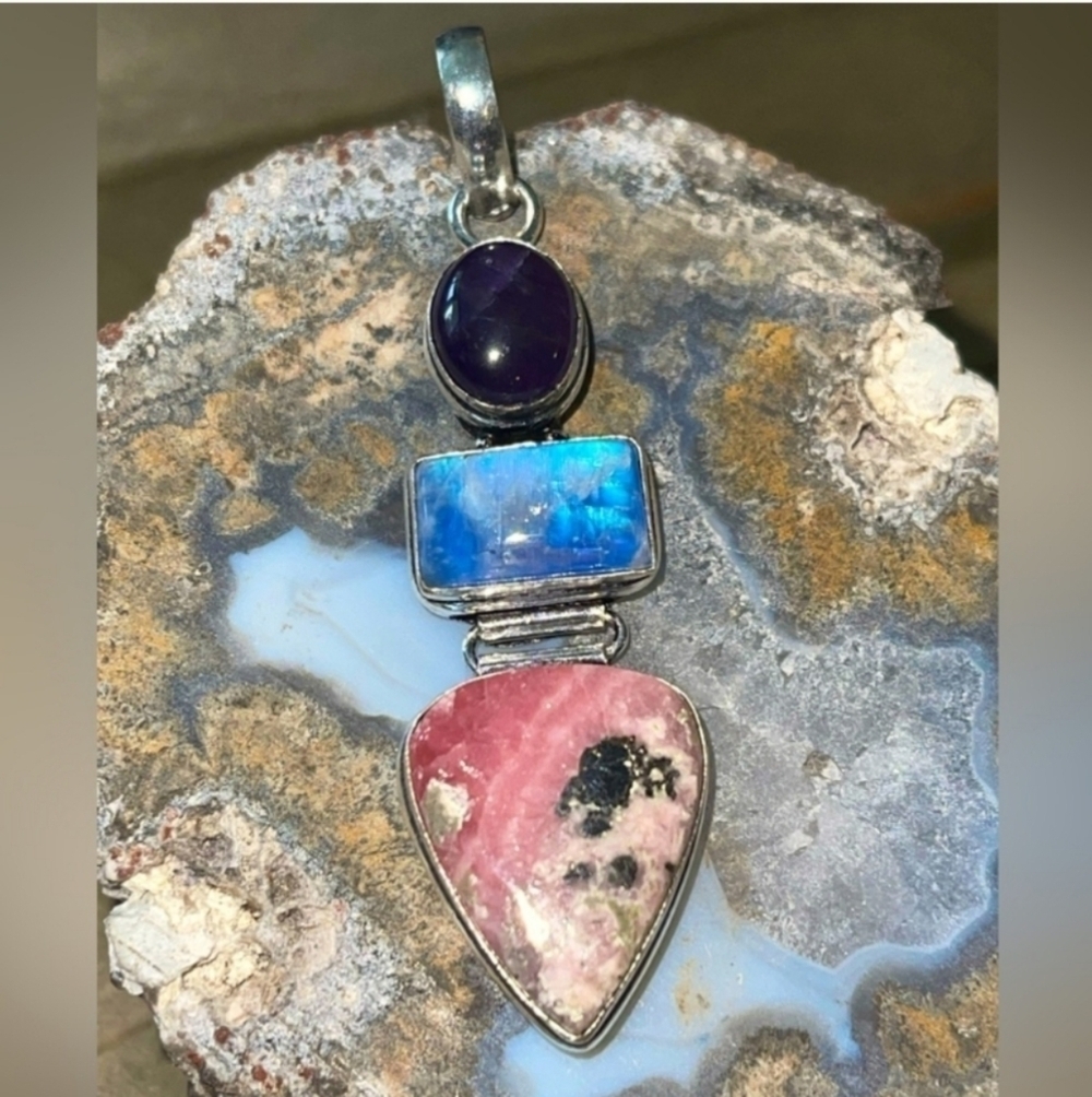 Rhodonite, Rainbow Moonstone, Amethyst Gemstone Long 2.5” Boho Silver Pendant - Picture 2 of 11